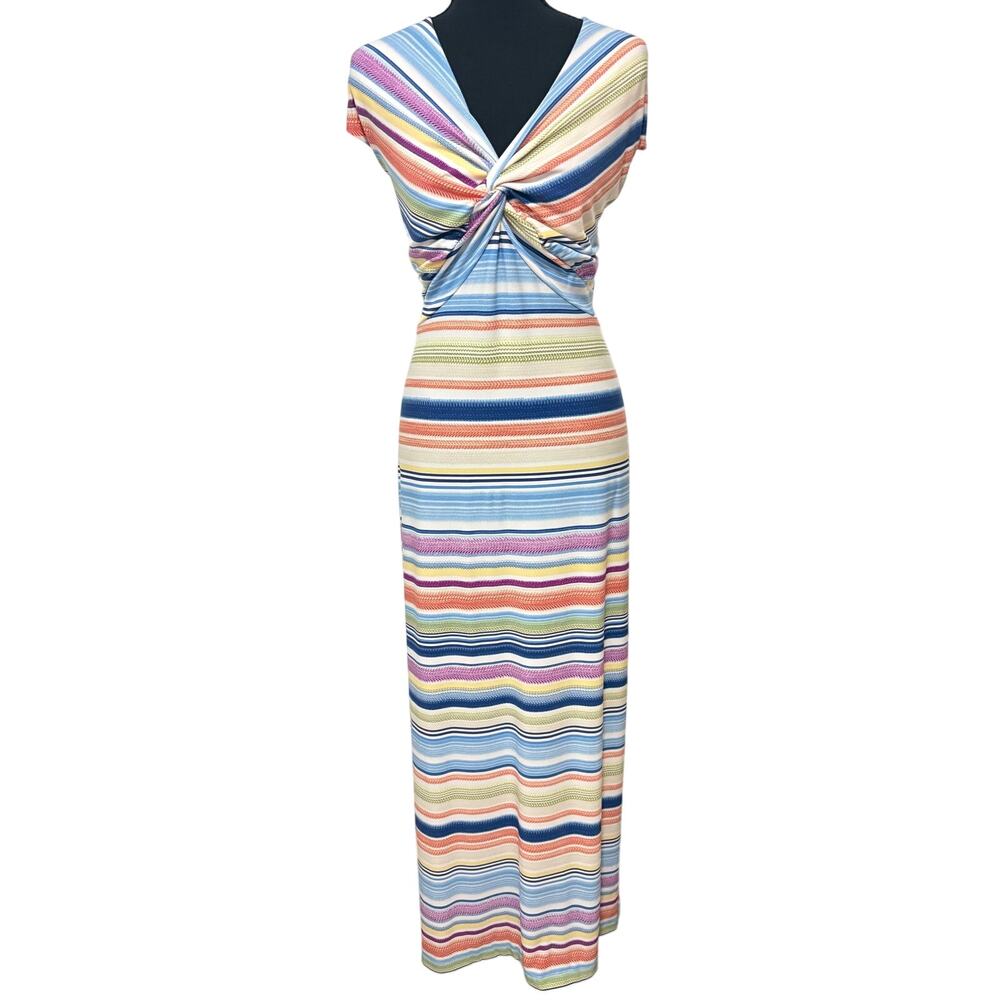 Chico’s Striped Twist Front Maxi Dress Colorful Short Sleeve Stretch Size 2 L XL